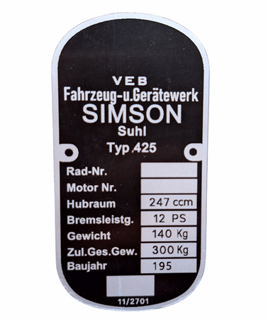 Simson Awo 425 tabliczka znamionowa