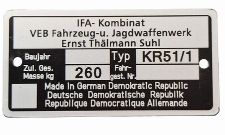 Simson KR51/1 KR 51/1 tabliczka znamionowa