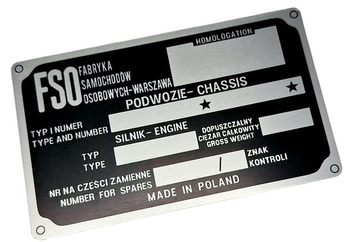 Syrena FSO 105 (produkcja FSO) tabliczka znamionowa