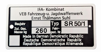 Simson SR 50/1 tabliczka znamionowa