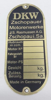 DKW Zschopauer Rasmussen, tabliczka znamionowa