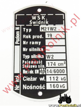 WSK 175 M21W2 (silnik W2) do 1978 tabliczka znamionowa  Świdnik