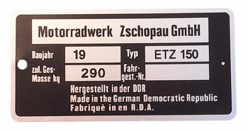 MZ ETZ 150 tabliczka znamionowa