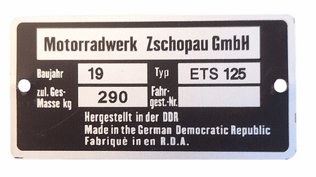 MZ ETS 125 waga 290 kg tabliczka znamionowa