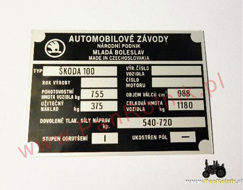 Skoda 100 - tabliczka znamionowa