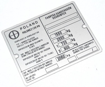 Polonez  FSO (1978-1980) tabliczka znamionowa DMC 1550kg
