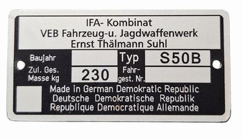 Simson S50B S 50 B S50B tabiczka znamionowa