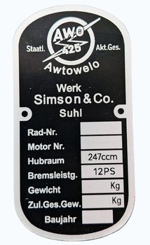 Simson Awo Awtowelo 425 tabliczka znamionowa
