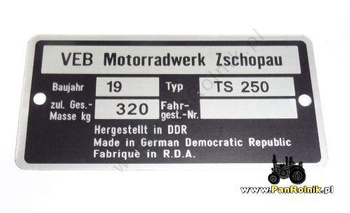 MZ TS 250 tabliczka znamionowa