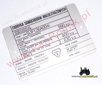 Polski Fiat 126p BIS (wersja 126AA/43A) tabliczka znamionowa