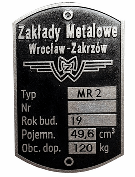 Żak MR2 120 kg tabliczka znamionowa