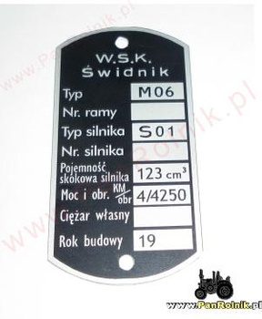 WSK M06 Świdnik tabliczka znamionowa (silnik S01)