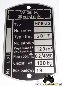 WSK M06-Z2 6,2 KM (silnik S-01-z) tabliczka znamionowa