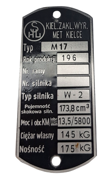 SHL M17 M17 Gazela tabliczka znamionowa 1969 (waga 145 kg)