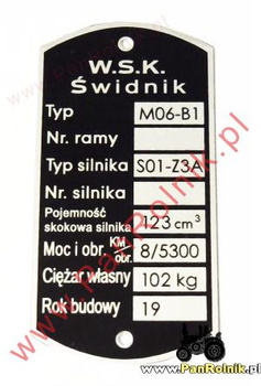 WSK M06B1 tabliczka znamionowa (silnik S01-Z3A)