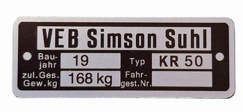 Simson KR50 tabliczka znamionowa