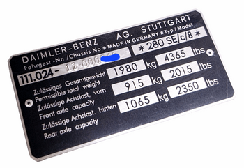 Mercedes Benz W111 280 SE  tabliczka znamionowa tłoczona