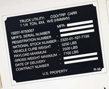 Humvee HMMWV tabliczka znamionowa