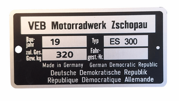 MZ MZ ES 300 tabliczka znamionowa