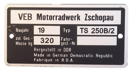 MZ TS 250B/2 tabliczka znamionowa
