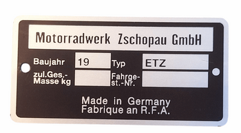 MZ ETZ tabliczka znamionowa