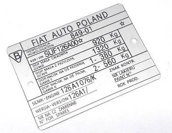 Polski Fiat 126p (Fiat Auto Poland) tabliczka znamionowa