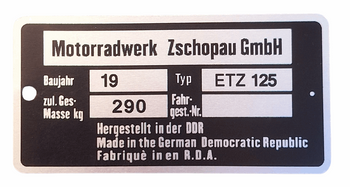 MZ ETZ 125 waga 290 kg tabliczka znamionowa