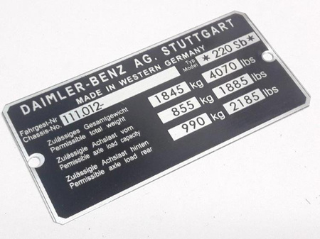 Mercedes W111.012 typ 220 Sb tabliczka znamionowa