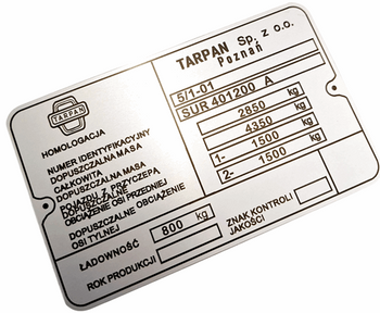 Tarpan tabliczka znamionowa + vin i wagi